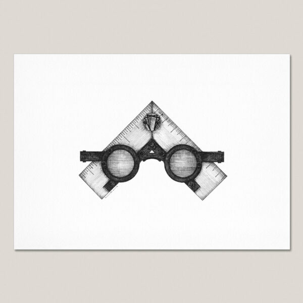Black and white fine art print of a hand-drawn pair of round glasses layered over triangular rulers, printed with a white border on textured paper.