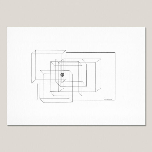 Black and white fine art print of an abstract self-portrait featuring a hand-drawn eye surrounded by overlapping geometric cubes and rectangular forms, printed with a white border on textured paper.