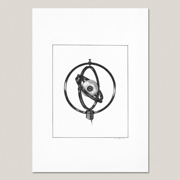 Black and white fine art print of a hand-drawn eye suspended within the intersecting circular rings of a gyroscope, printed with a white border on textured paper.