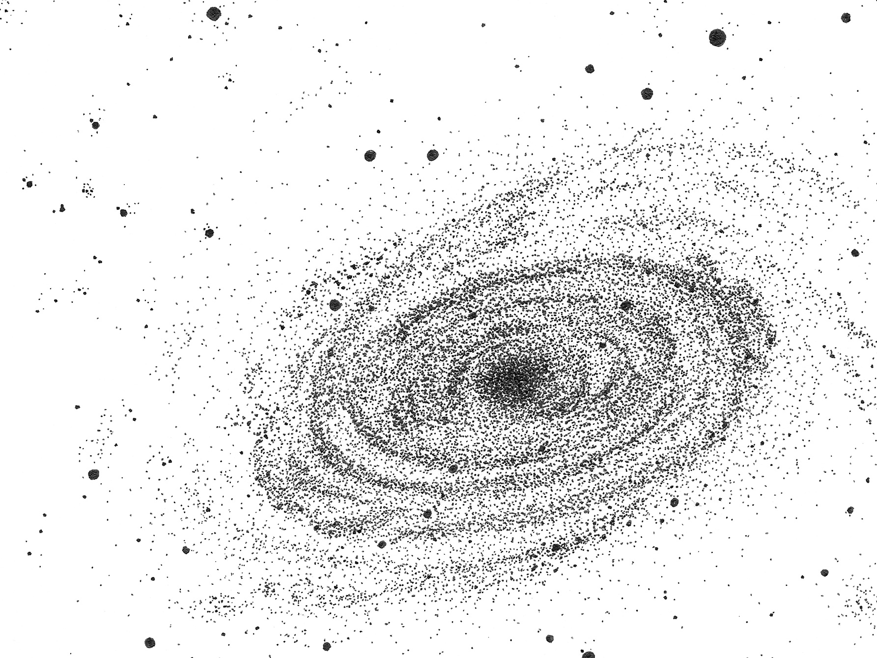 Close-up detail of the M81 ink drawing showing the dense stippling, spiral structure and surrounding stars.