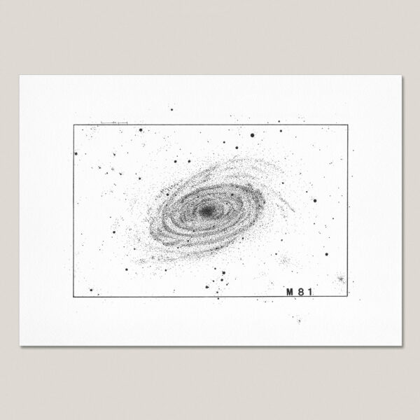 M81 fine art print featuring a hand-drawn black ink illustration of Bode’s Galaxy surrounded by stars.