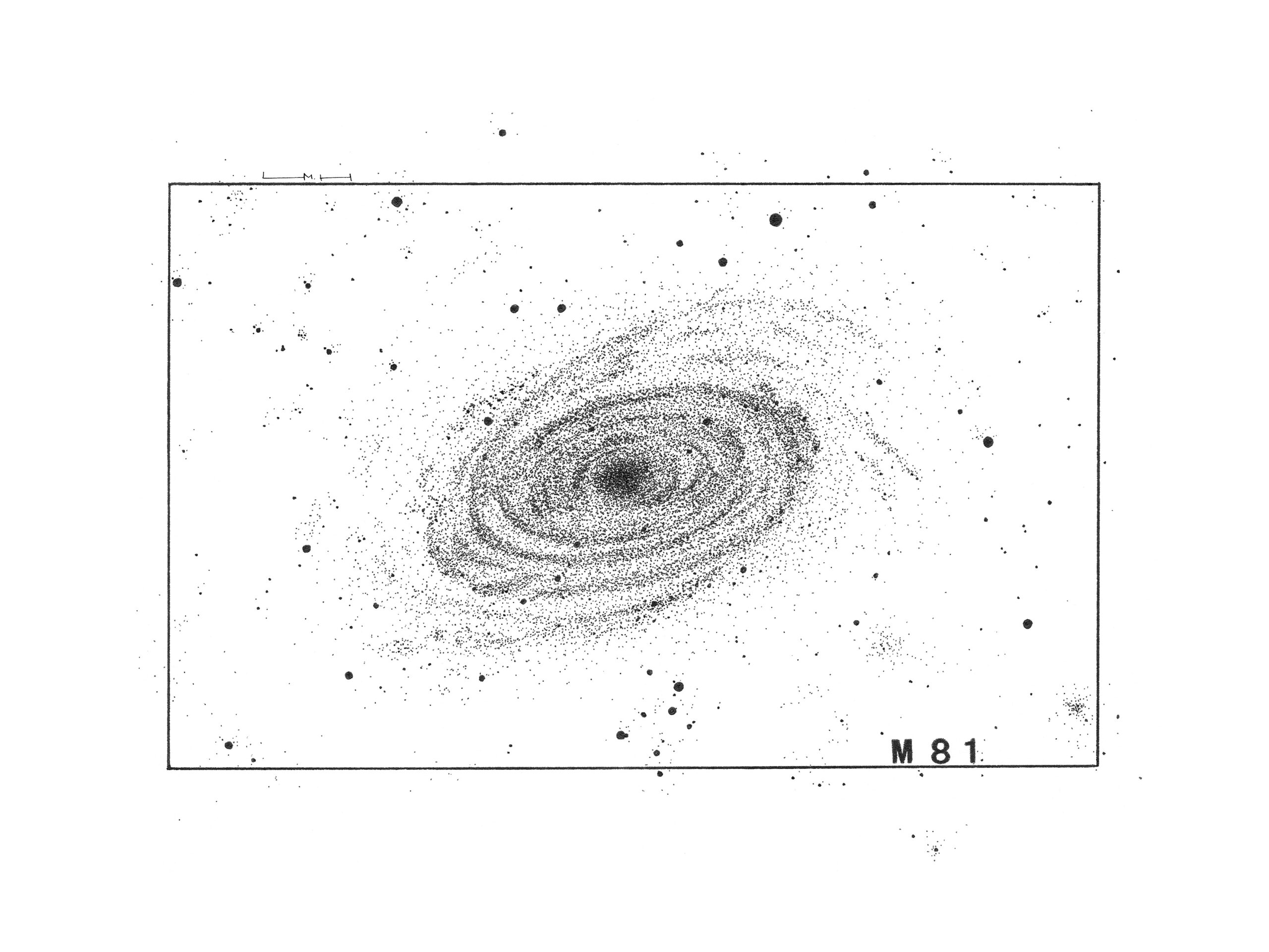 Original M81 ink drawing depicting the spiral form of Bode’s Galaxy surrounded by a scattered field of stars.