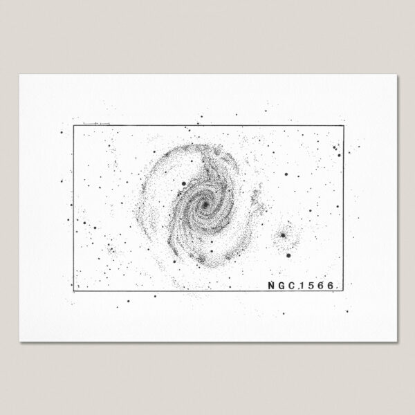 NGC 1566 fine art print featuring a hand-drawn black ink illustration of a spiral galaxy surrounded by stars.