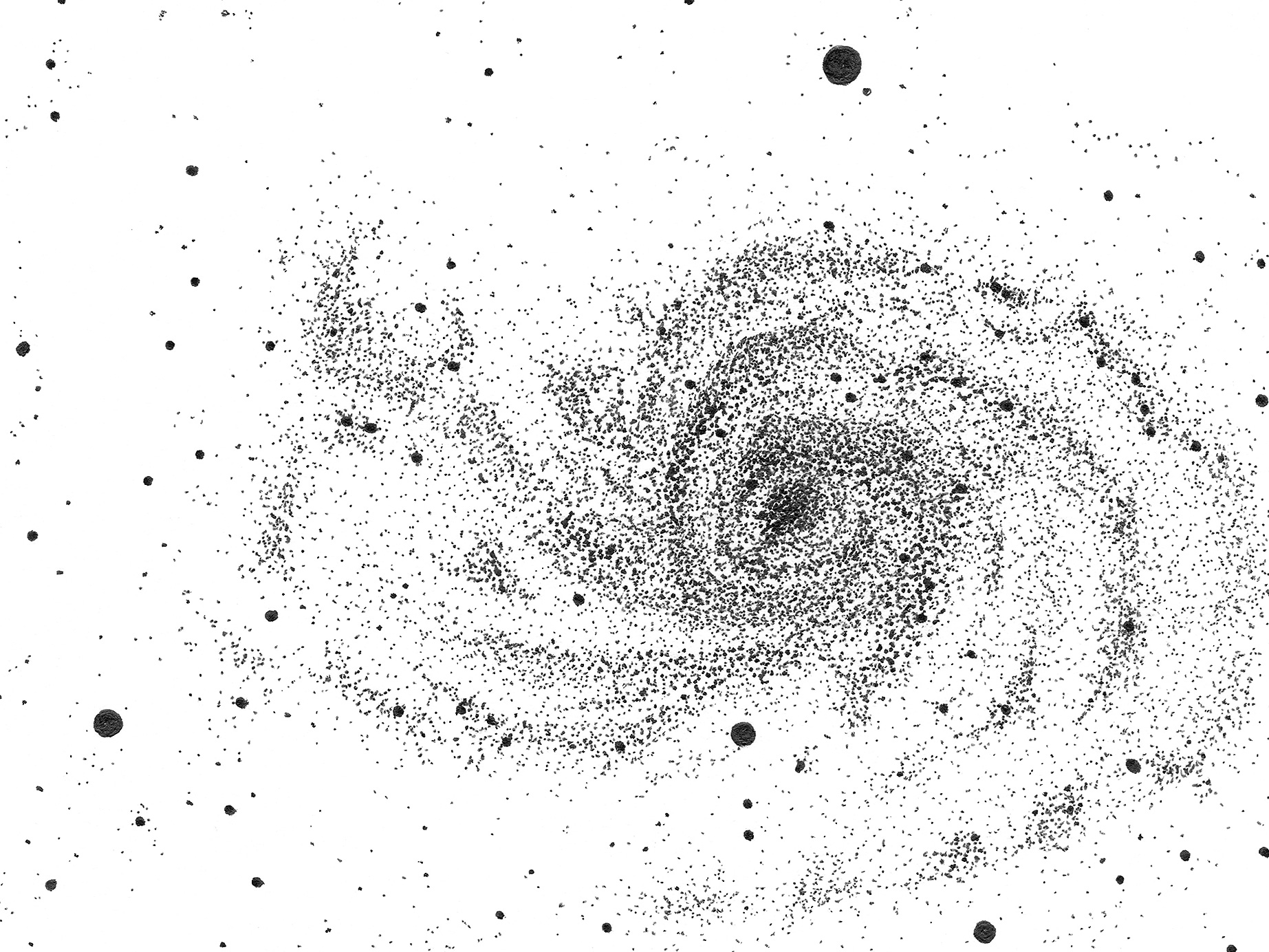Close-up detail of the NGC 2835 ink drawing showing the dense stippling, dark galactic centre and sweeping spiral arms.