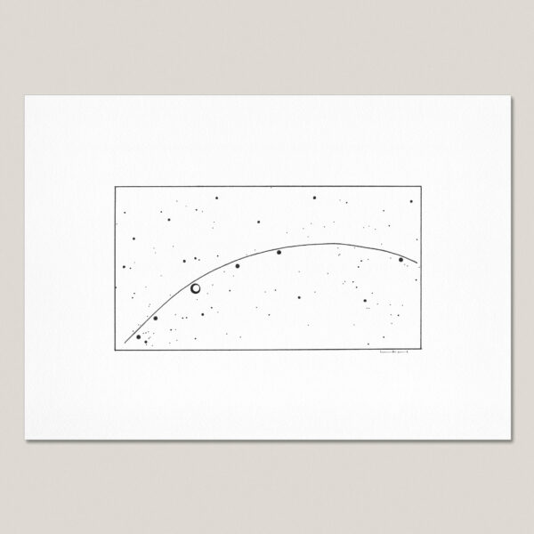 Black and white fine art print mapping the February 2025 alignment of Mercury, Venus, Mars, Jupiter and Saturn alongside the Moon, printed with a white border on textured paper.