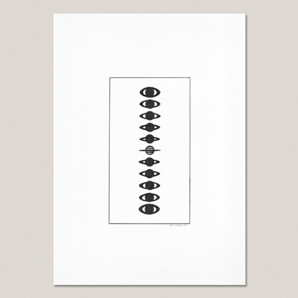 Black and white fine art print of Saturn transforming through a vertical sequence of eye-like forms, printed with a white border on textured paper.