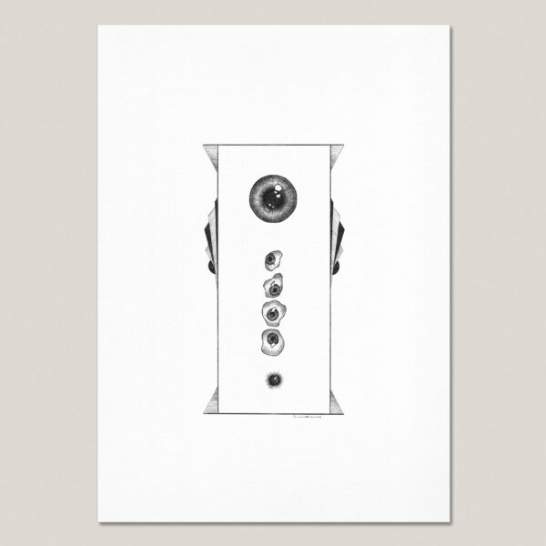 Black and white fine art print showing a natural eye, four glass eyes and a deconstructed eye arranged vertically within a geometric frame, printed with a white border on textured paper.