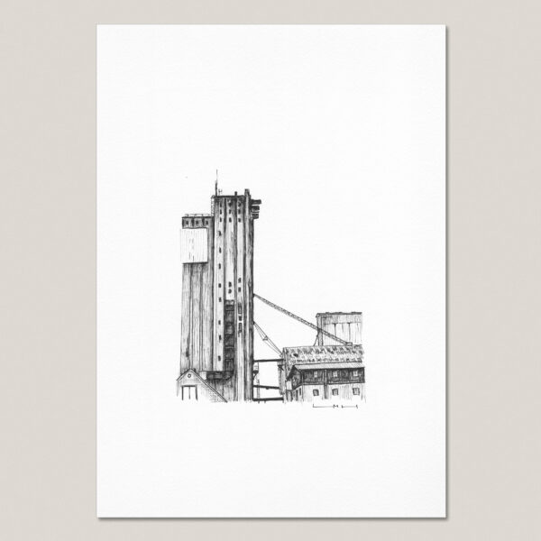Stubbekøbing Factory fine art print featuring a hand-drawn black ink study of an industrial building on museum-quality paper.