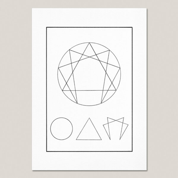 The Enneagram Symbol with the Three Laws fine art print featuring a hand-drawn enneagram above illustrations of the Law of One, Law of Three and Law of Seven on museum-quality paper.