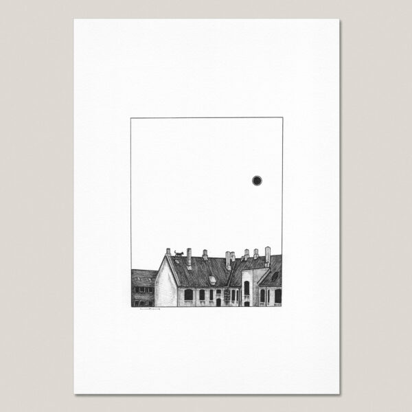 The Cat and the Solar Eclipse fine art print featuring a hand-drawn black ink cat crossing Copenhagen rooftops beneath a solar eclipse on museum-quality paper.