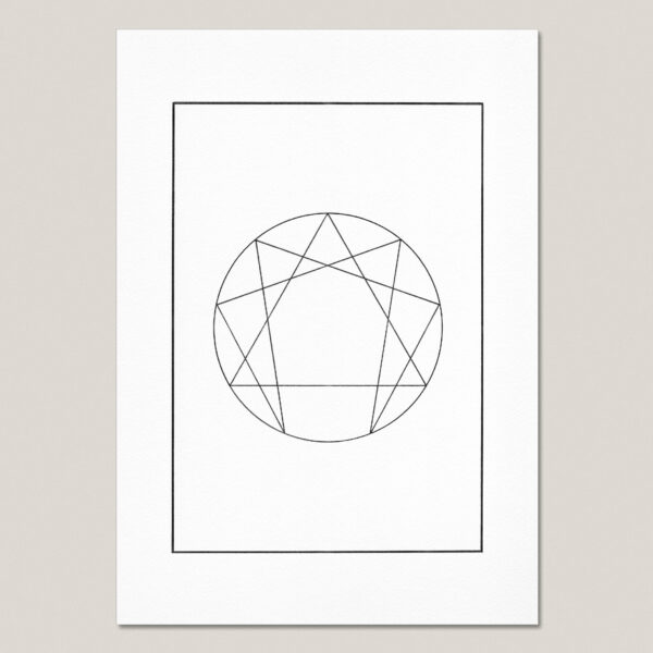 The Enneagram Symbol fine art print featuring a hand-drawn black ink enneagram within a rectangular border on museum-quality paper.