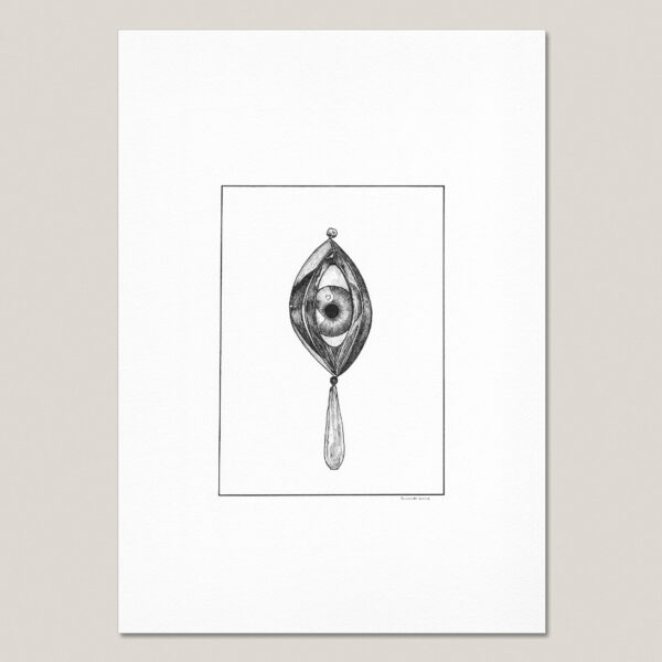 The Female Eye fine art print featuring a black ink drawing of a single eye framed within an organic metallic feminine form.