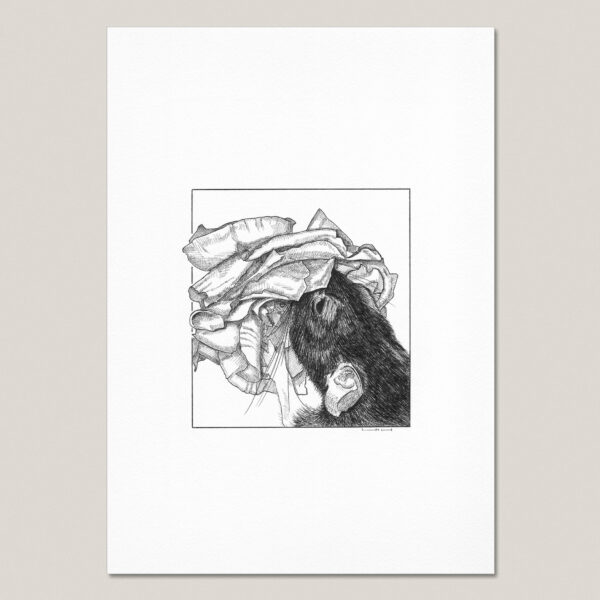 Black and white fine art print of a hand-drawn rat partly concealed beneath an oversized rose, printed with a white border on textured paper.