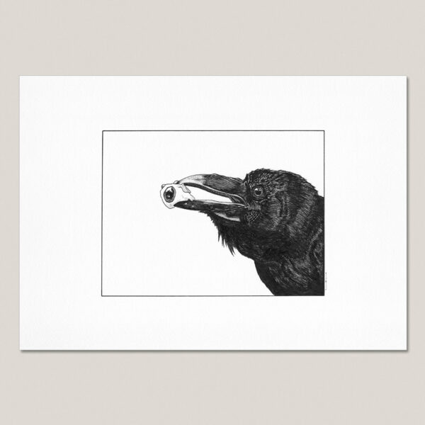 Third Eye Raven fine art print on textured white paper featuring a hand-drawn black ink raven holding an eyeball.