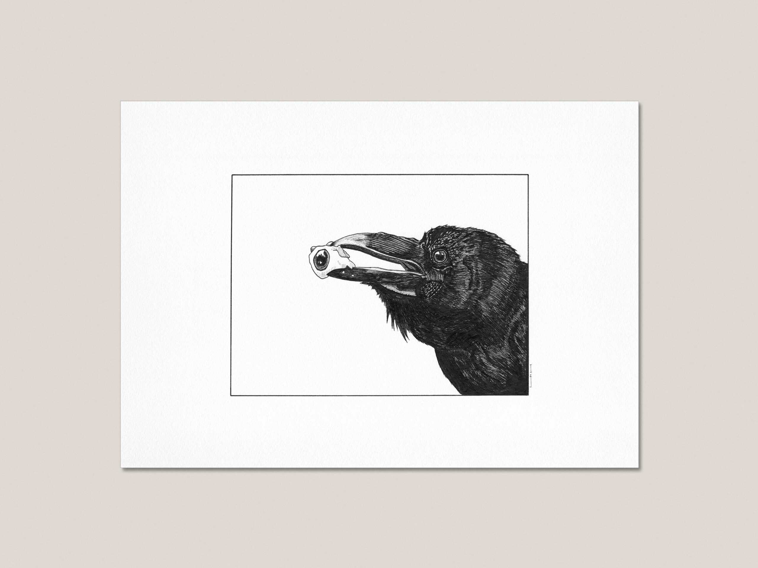 Third Eye Raven fine art print on textured white paper featuring a hand-drawn black ink raven holding an eyeball.