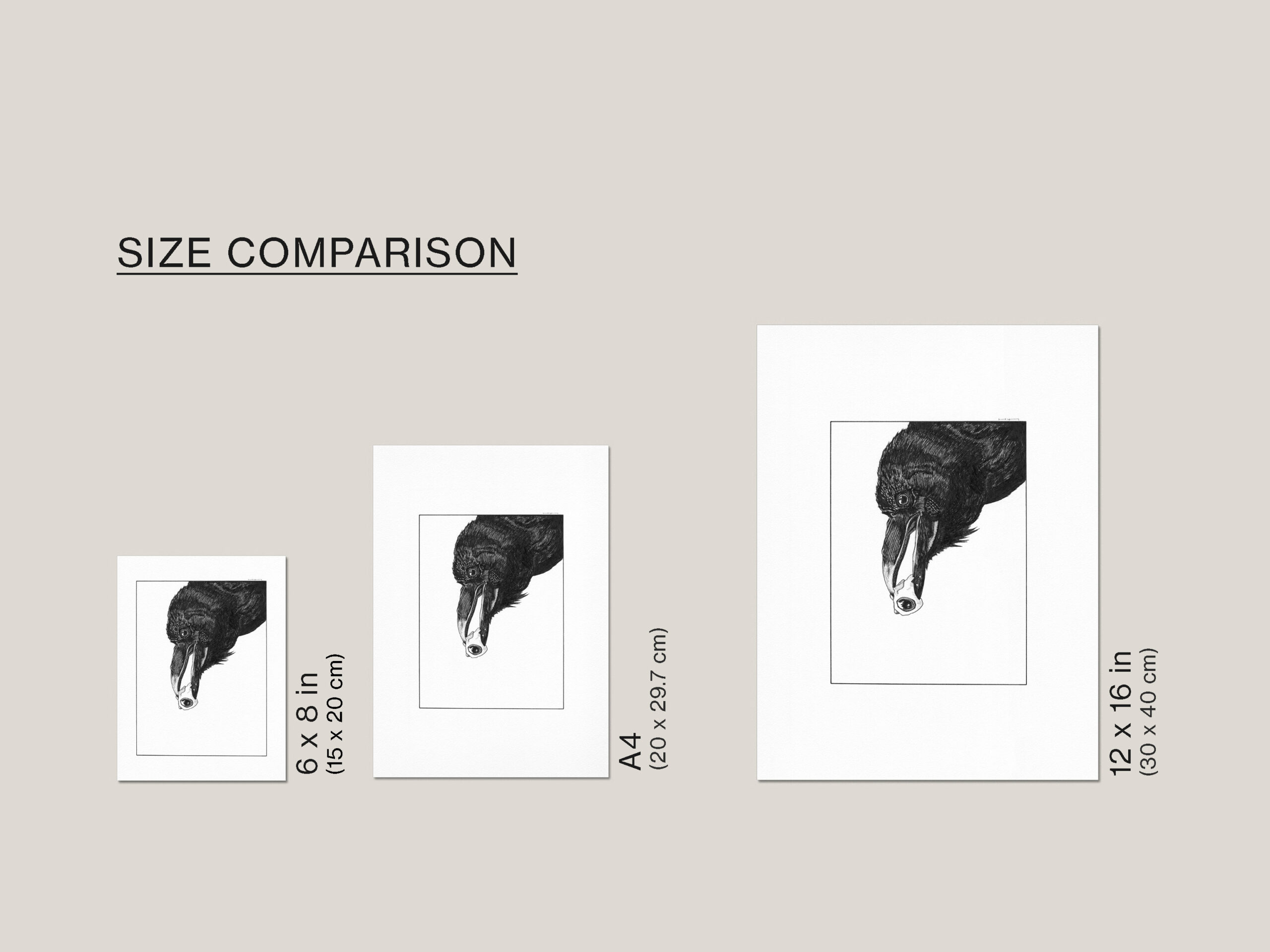 Size comparison of the Third Eye Raven fine art print available in 6×8 in, A4, and 12×16 in.