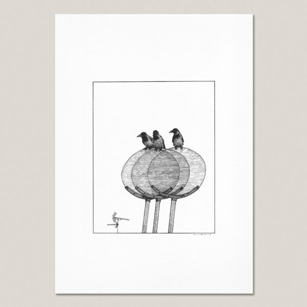 Black and white fine art print of three hand-drawn crows perched on overlapping circular street signs in Copenhagen, printed with a white border on textured paper.