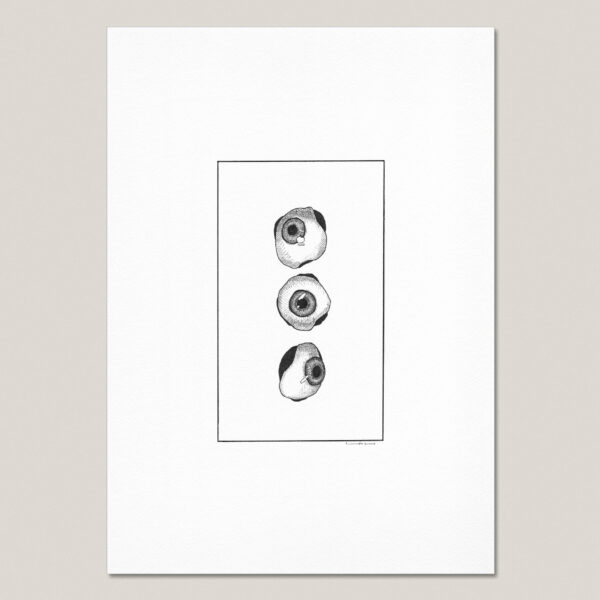 Black and white fine art print of three hand-drawn glass eyes arranged vertically and shown from different angles, printed with a white border on textured paper.