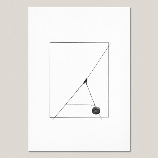 Small Urban Crow on Wires fine art print featuring a hand-drawn black ink crow perched on street wires in Copenhagen.