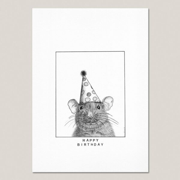 Birthday Rat fine art print featuring a hand-drawn black ink rat wearing a party hat, with “Happy Birthday” written underneath.