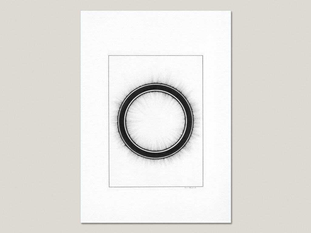 Black Sun fine art print featuring a circular black sun with a luminous white centre and softly radiating ink marks.