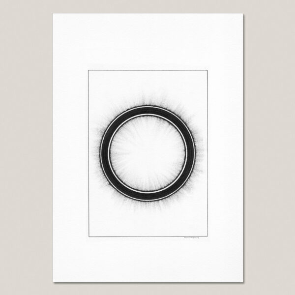Black Sun fine art print featuring a circular black sun with a luminous white centre and softly radiating ink marks.