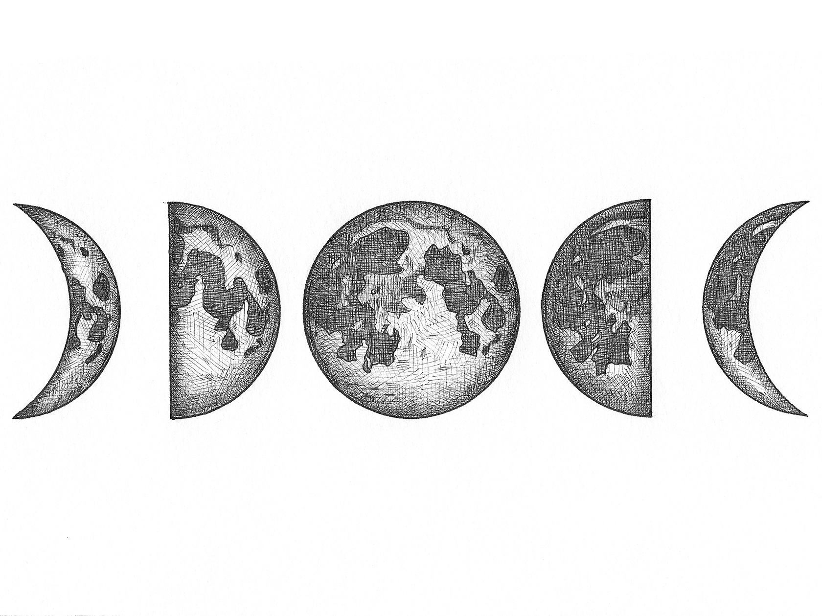 Close-up detail of the Moon Phases ink drawing showing the textured surfaces and fine cross-hatching of the five moons.