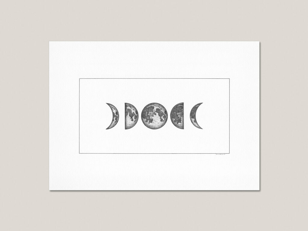Moon Phases fine art print featuring five hand-drawn stages of the lunar cycle arranged symmetrically around a full moon.