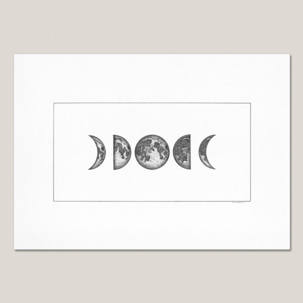 Moon Phases fine art print featuring five hand-drawn stages of the lunar cycle arranged symmetrically around a full moon.