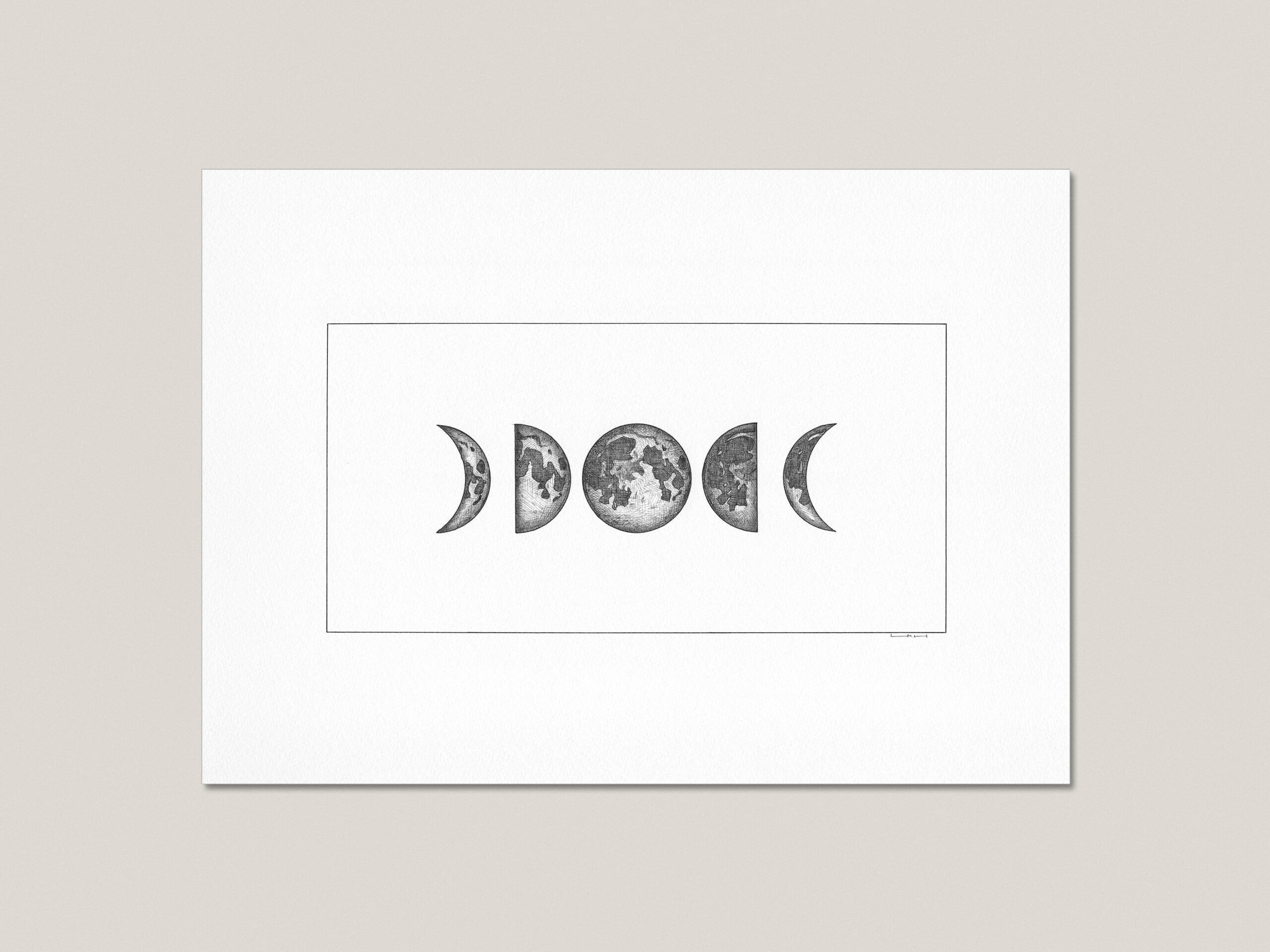 Moon Phases fine art print featuring five hand-drawn stages of the lunar cycle arranged symmetrically around a full moon.
