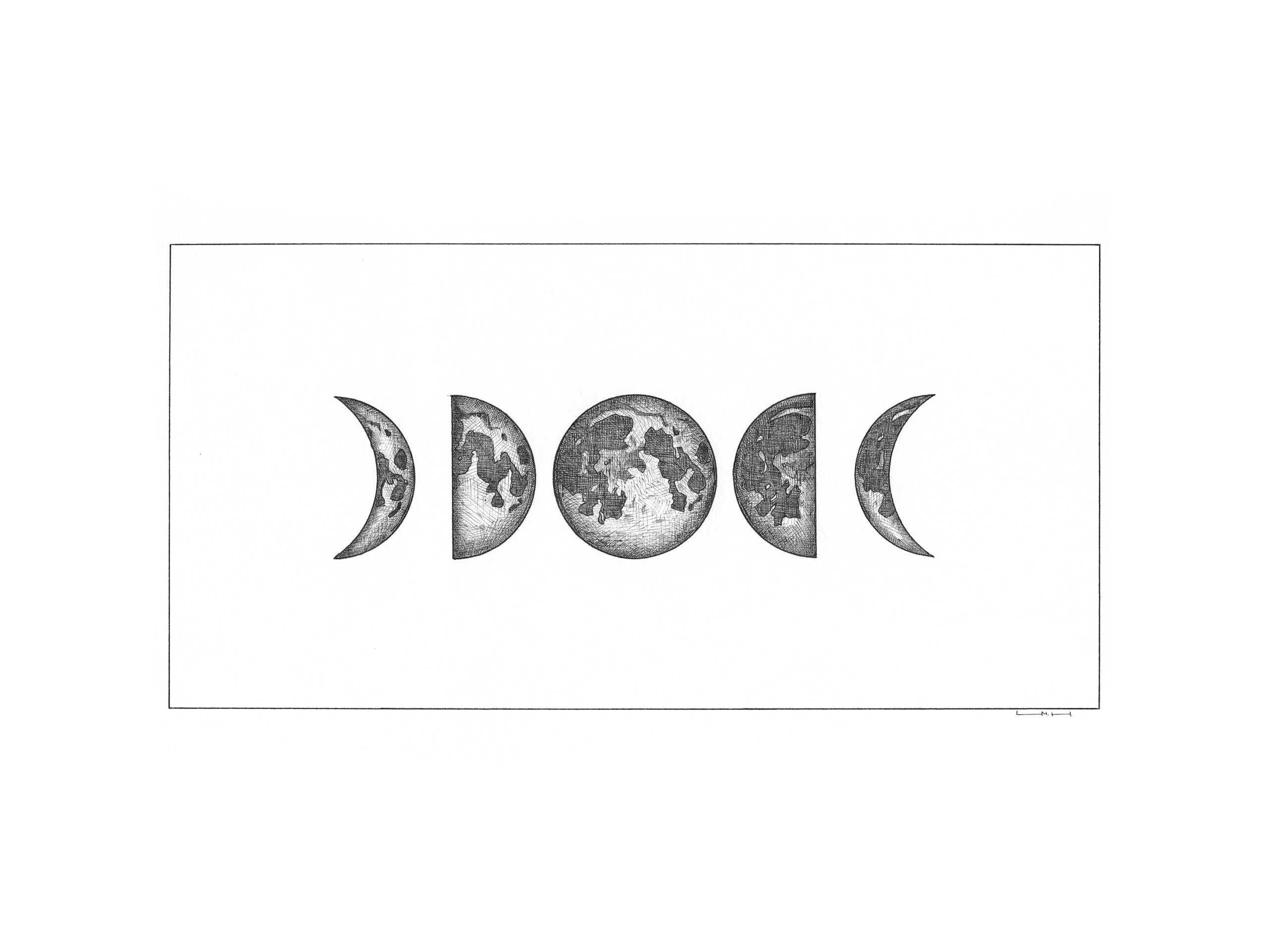 Original Moon Phases ink drawing depicting five detailed lunar phases progressing from crescent to full moon and back again.
