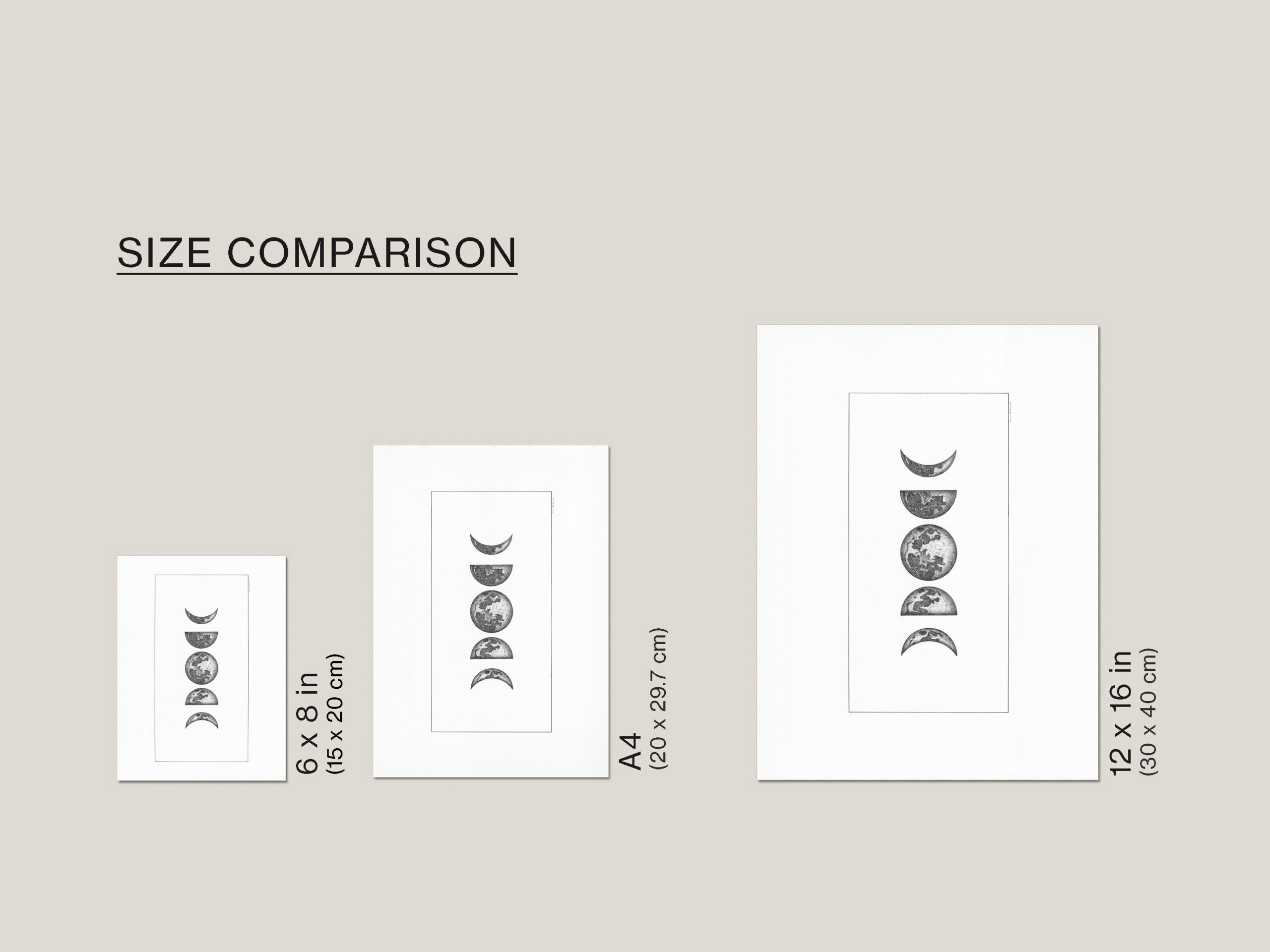 Size guide showing the Moon Phases fine art print available in 6 × 8 in (15 × 20 cm), A4 (21 × 29.7 cm) and 12 × 16 in (30 × 40 cm).