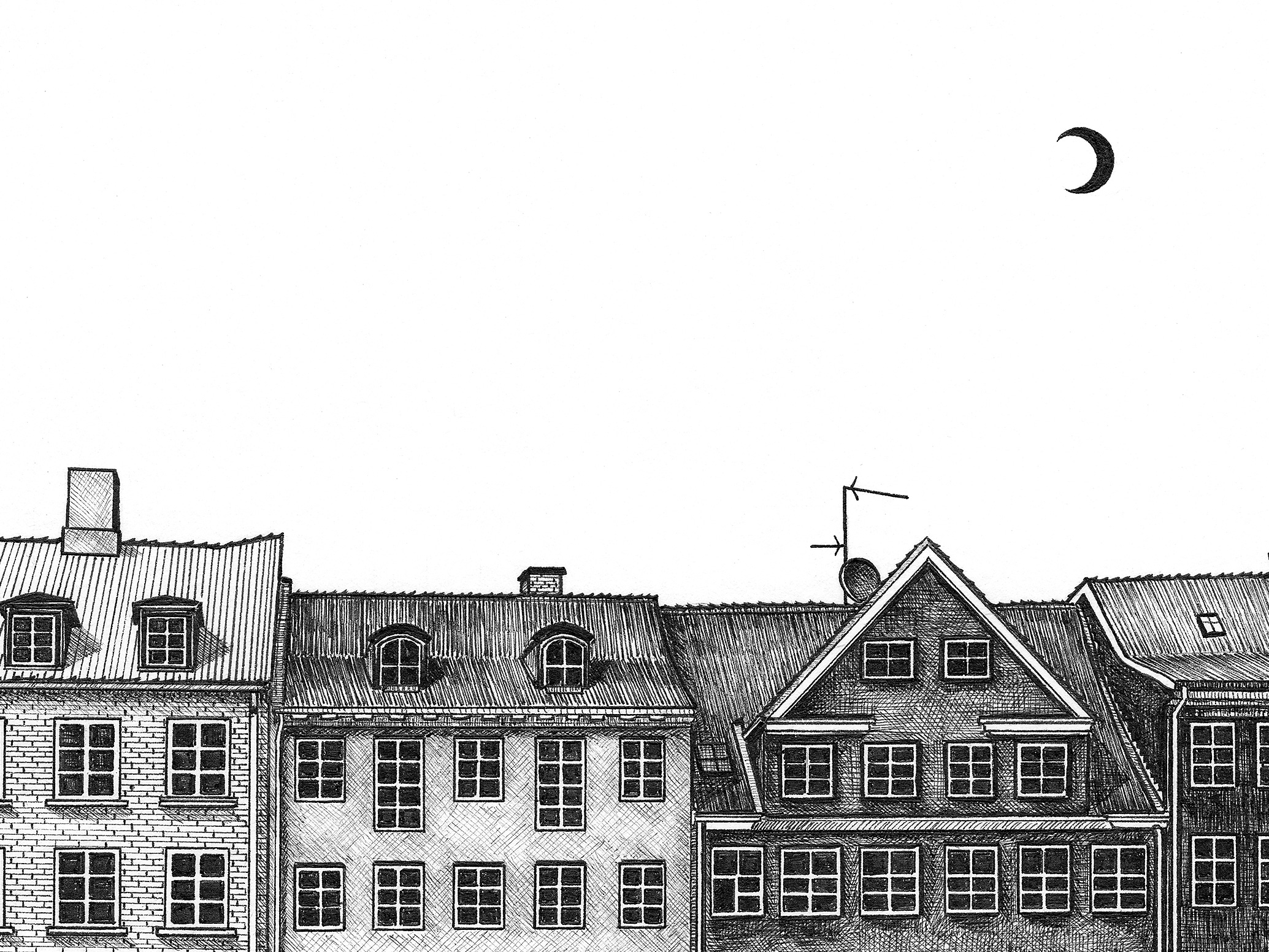 Close-up detail of the Nyhavn ink drawing showing the windows, tiled rooftops, chimneys and crescent moon.