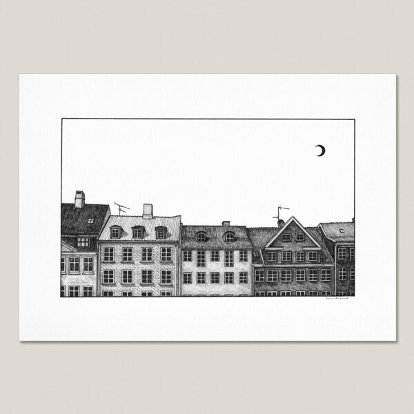 Nyhavn fine art print featuring a hand-drawn row of historic Copenhagen buildings beneath a crescent moon.