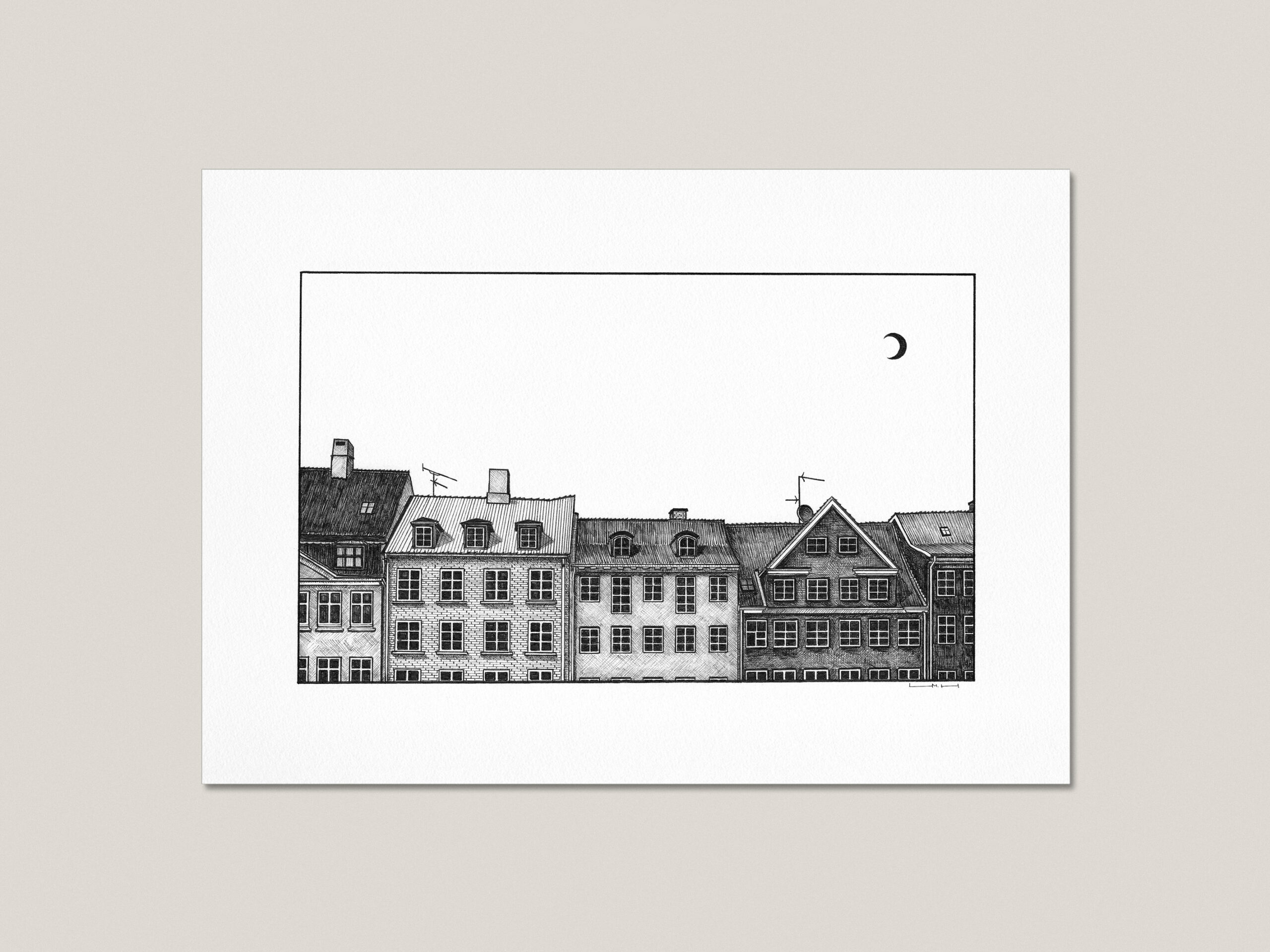 Nyhavn fine art print featuring a hand-drawn row of historic Copenhagen buildings beneath a crescent moon.