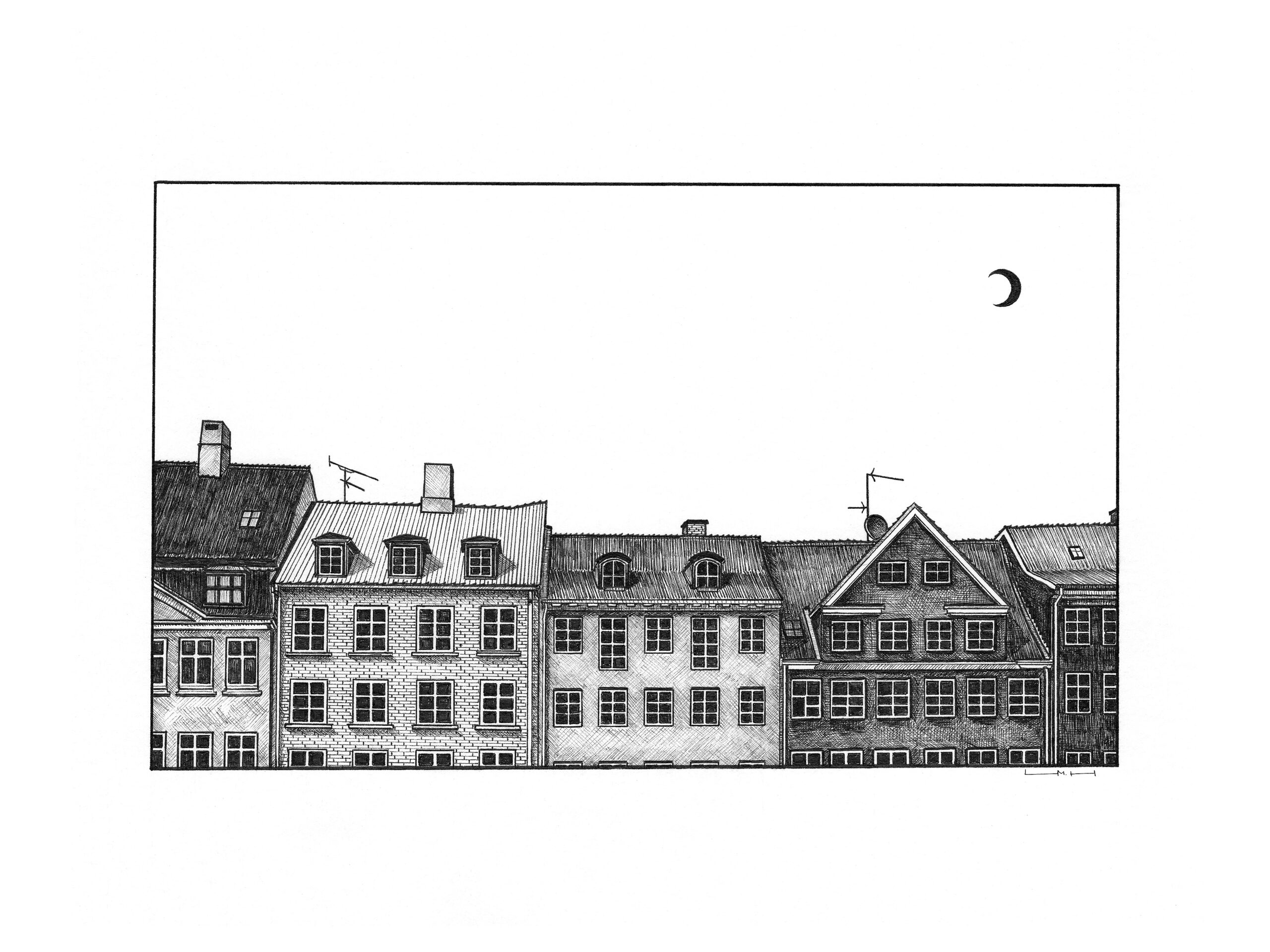 Original Nyhavn ink drawing depicting the detailed façades and rooftops of historic buildings in Copenhagen beneath a crescent moon.
