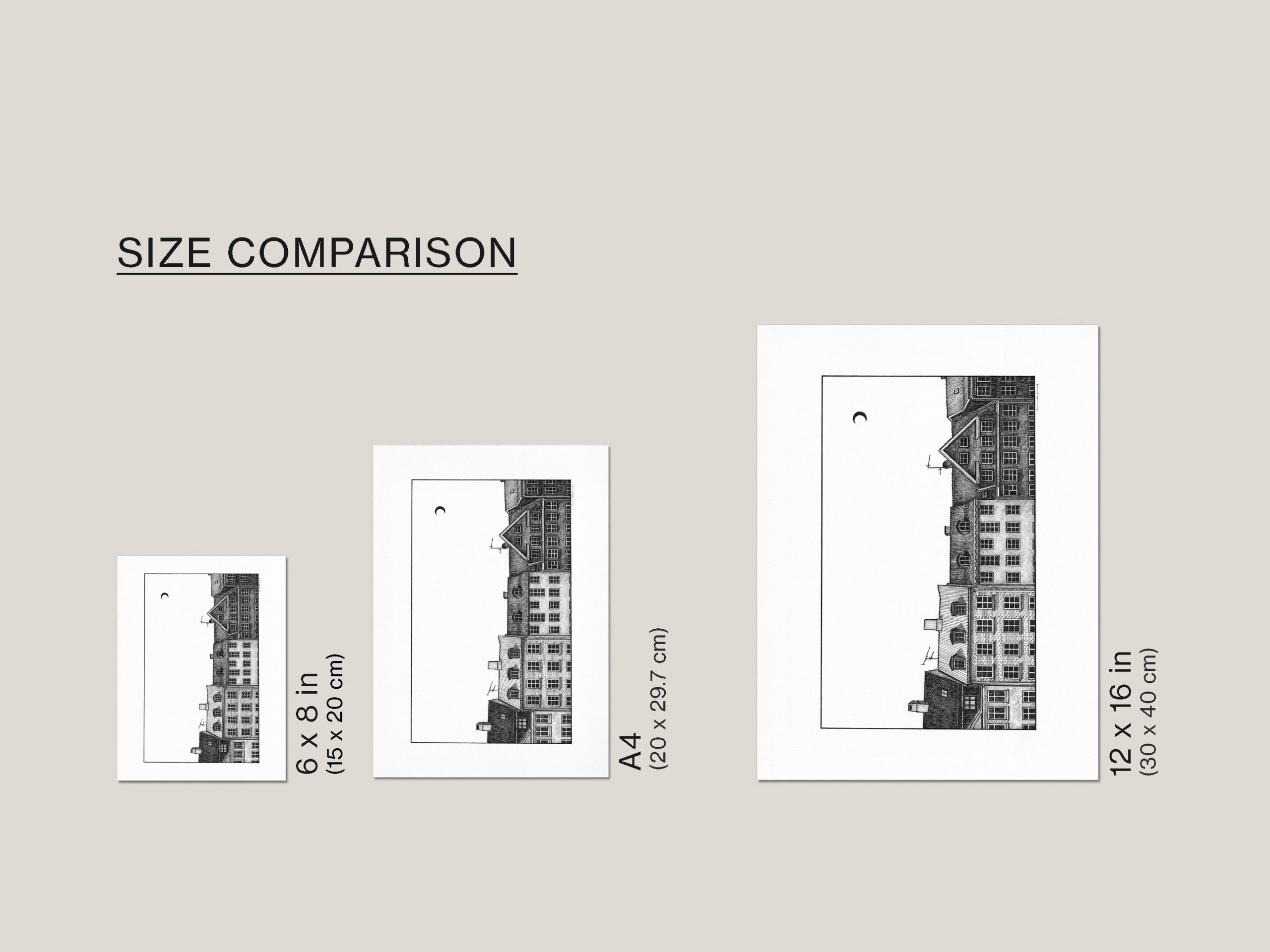 Size guide showing the Nyhavn fine art print available in 6 × 8 in (15 × 20 cm), A4 (21 × 29.7 cm) and 12 × 16 in (30 × 40 cm).