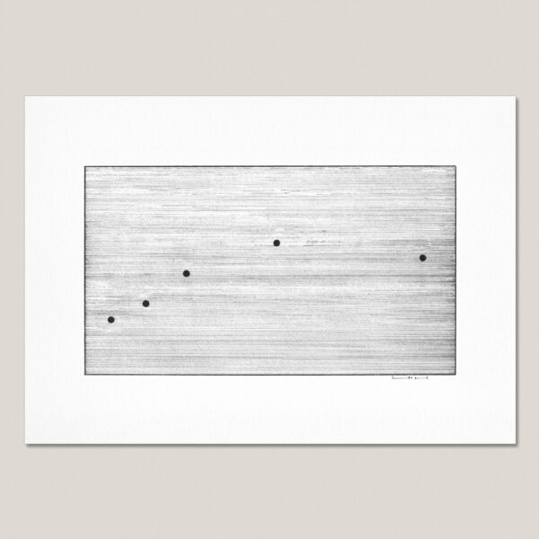 Planet Parade fine art print featuring five black planets aligned across a field of fine horizontal ink lines.