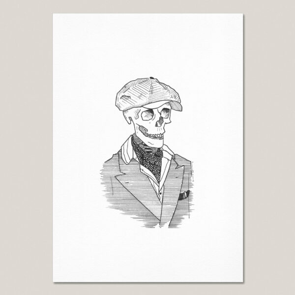 Skeleton w. Flat Cap fine art print featuring a hand-drawn black ink skeleton wearing a flat cap, suit and patterned neckerchief.