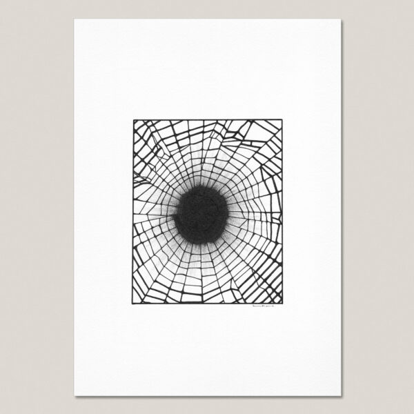 The Black Web fine art print featuring a hand-drawn radial web structure surrounding a dense black centre, resembling both a spiderweb and a black hole.