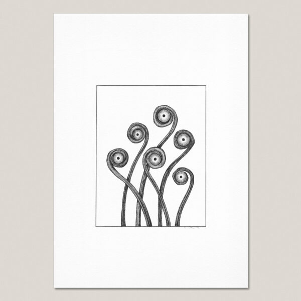 The Botanical Monster fine art print featuring six eye-like flowers growing from twisting stems in a hand-drawn black ink composition.