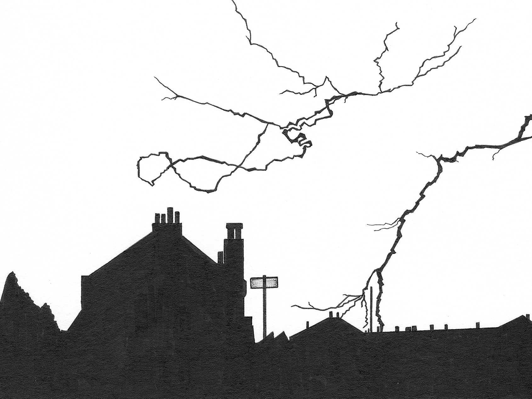 Close-up detail of the Urban Lightning ink drawing showing solid black rooftop silhouettes and branching lightning bolts.