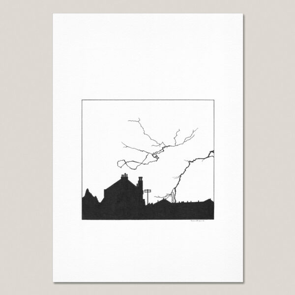 Urban Lightning fine art print featuring black silhouettes of city rooftops beneath branching bolts of lightning.