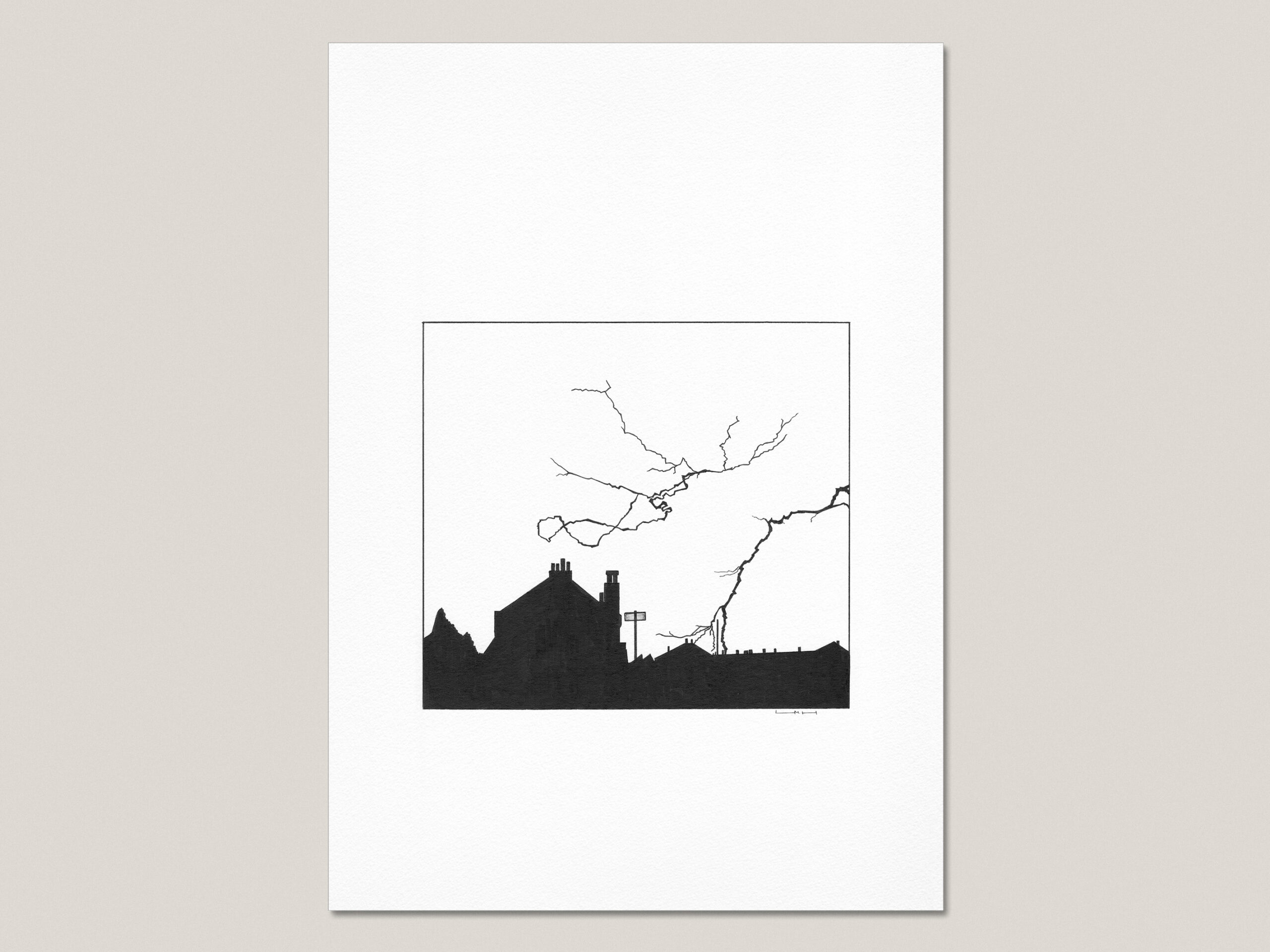 Urban Lightning fine art print featuring black silhouettes of city rooftops beneath branching bolts of lightning.