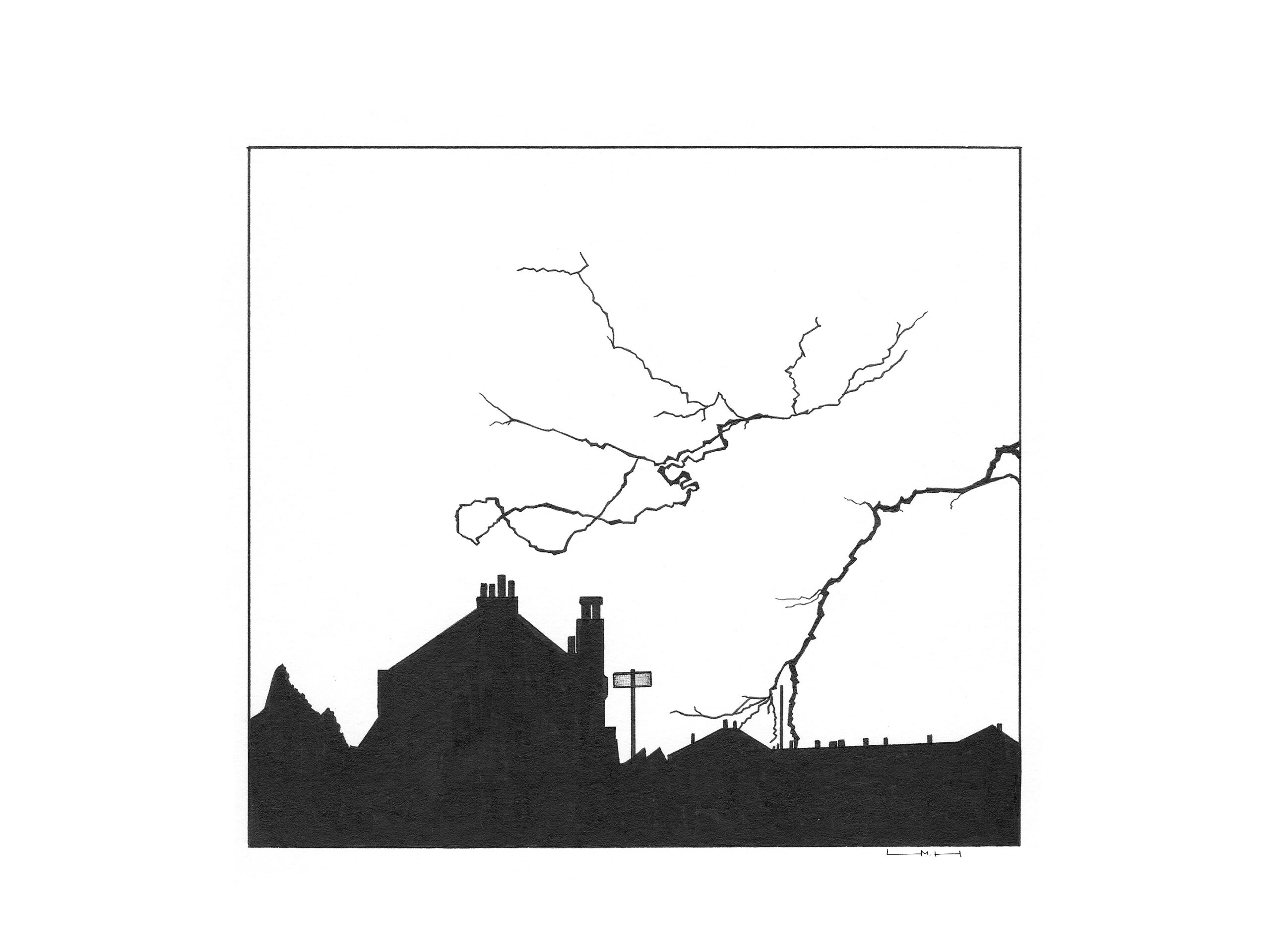 Original Urban Lightning ink drawing depicting dark urban rooftops and chimneys beneath lightning spreading across the sky.