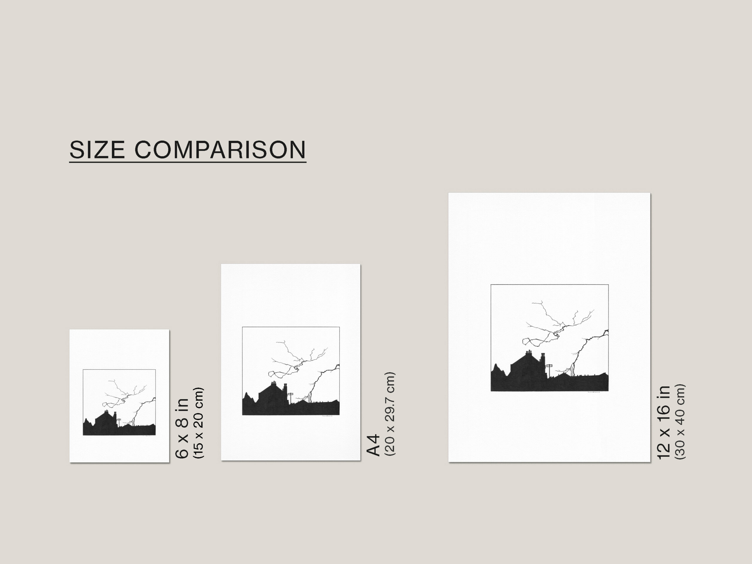 Size guide showing the Urban Lightning fine art print available in 6 × 8 in (15 × 20 cm), A4 (21 × 29.7 cm) and 12 × 16 in (30 × 40 cm).