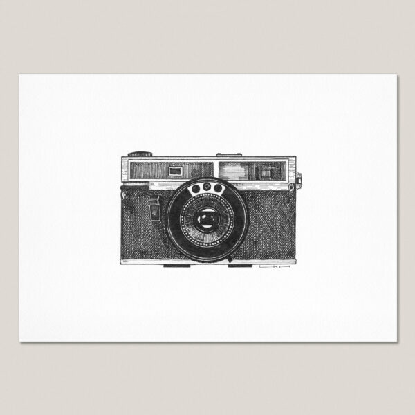 Vintage Camera w. Eye fine art print featuring a hand-drawn black ink camera with an eye incorporated into its circular lens.